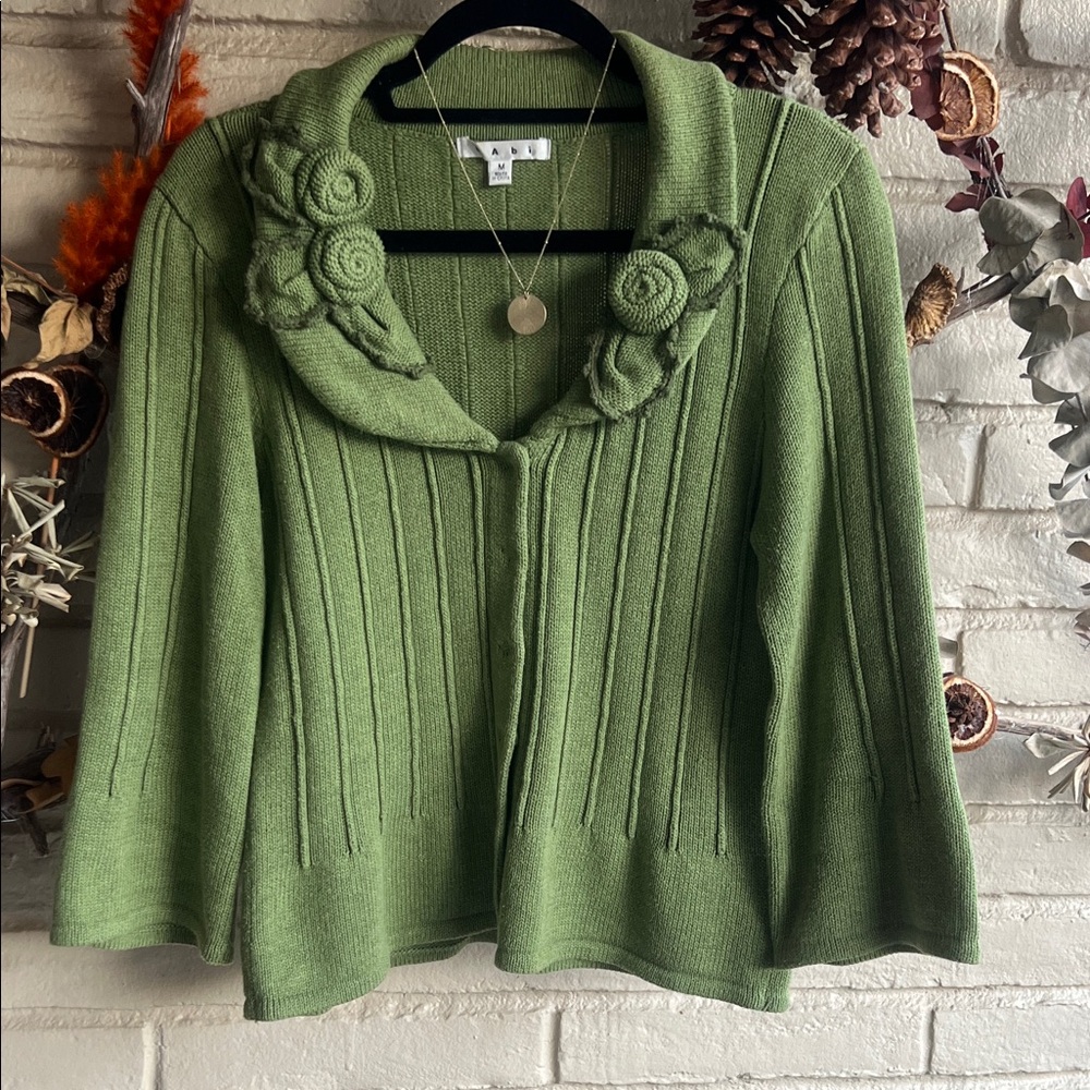 CAbi Green Very Soft Cardigan with Floral Details